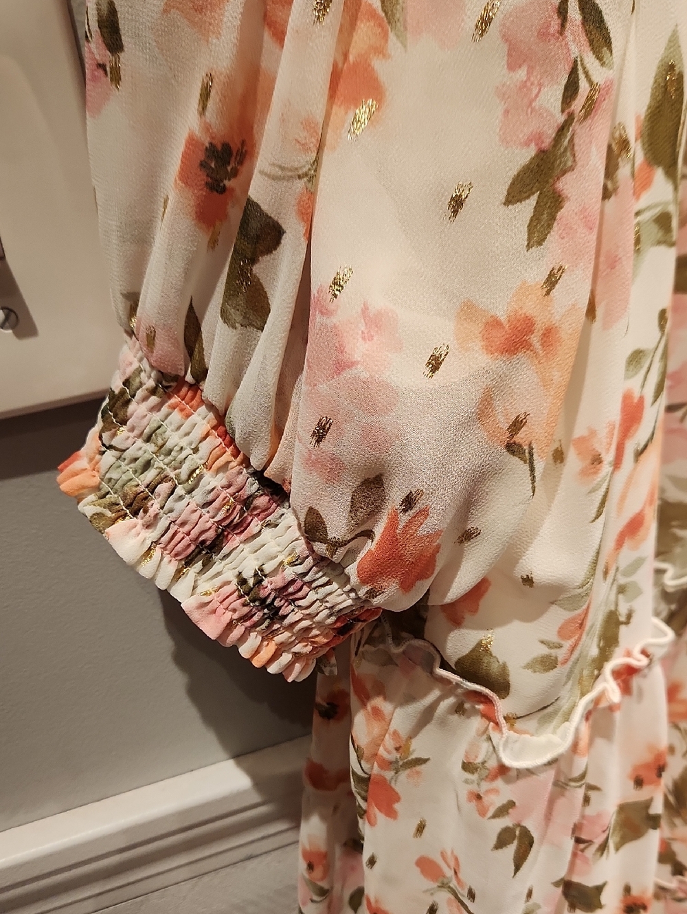 Like New Cond Love By Design Floral Tiered Midi Dress Peach, Olive, Cream Sz  4X - Picture 5 of 8